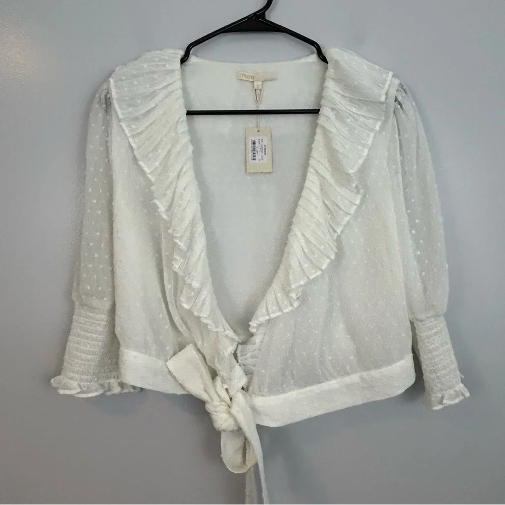 MWT Maje Plumeti Cropped White Wrap Ruffle V-neck Wrap Blouse Size 2 NEW - Picture 3 of 15